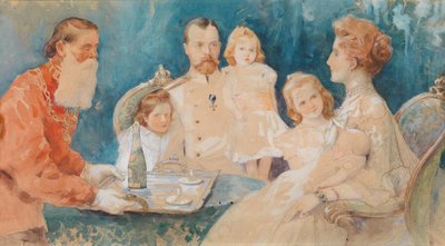 Tsar Nicholas II and Tsarina Alexandra Fyodorovna with their daughters Olga, Tatiana, Maria, and Anastasia (as a baby) by Elena  Samokich Soudkovskaïa